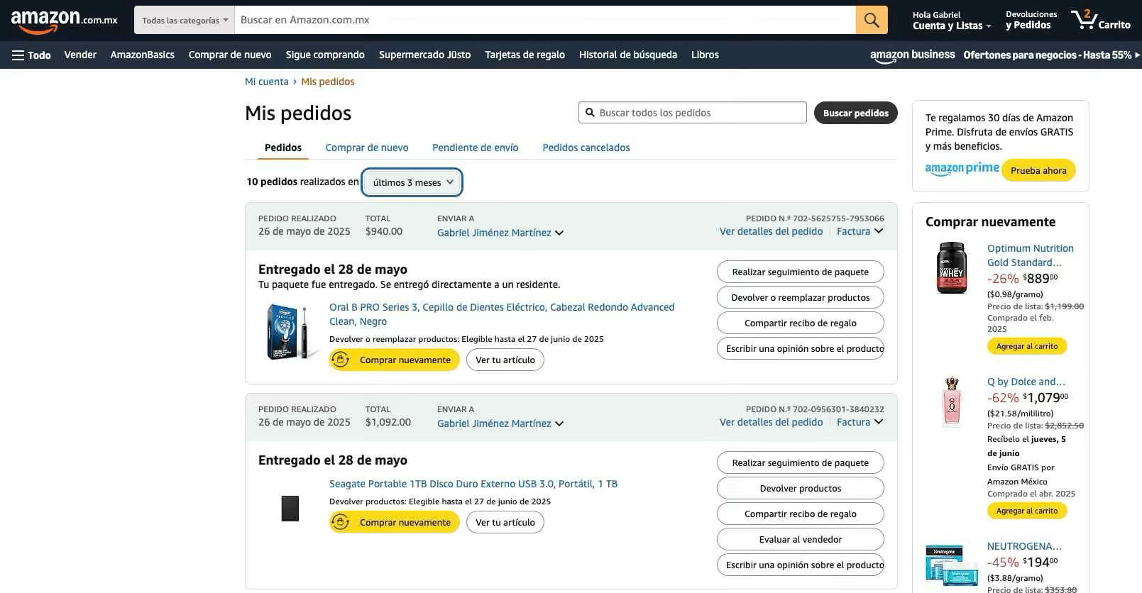 Listado de pedidos de Amazon